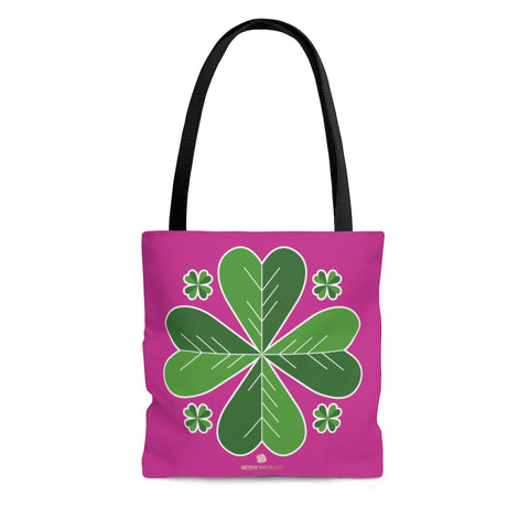 Hot Pink And Green Irish Green Clover Leaf St. Patrick's Day Print Tote Bag- Made in USA-Tote Bag-Large-Heidi Kimura Art LLC