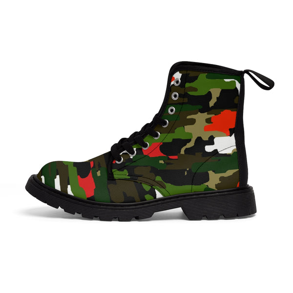 Green Red Camouflage Military Army Print Men's Canvas Winter Laced Up Boots-Men's Boots-Heidi Kimura Art LLC