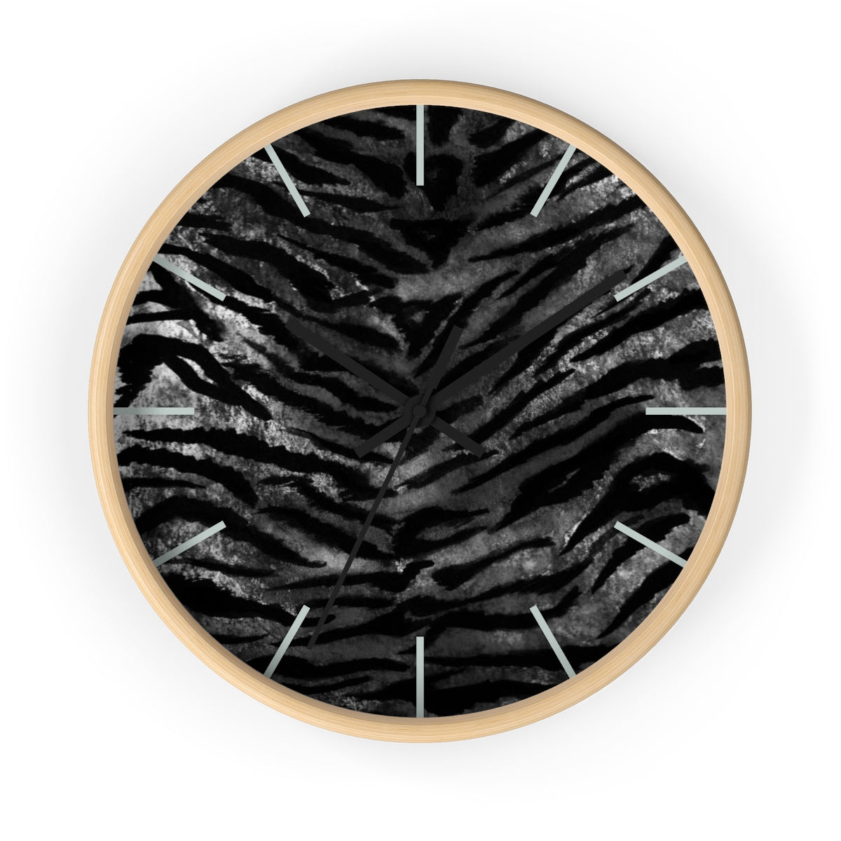 Black Tiger Stripe Wall Clock, Tiger Faux Fur Pattern Print 10" Dia. Walll Clock - Made in USA-Wall Clock-Wooden-Black-Heidi Kimura Art LLC