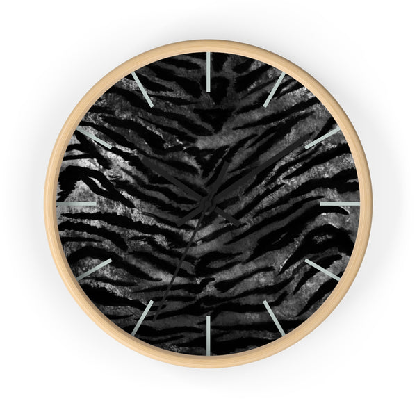 Black Tiger Stripe Wall Clock, Tiger Faux Fur Pattern Print 10" Dia. Walll Clock - Made in USA-Wall Clock-Wooden-Black-Heidi Kimura Art LLC