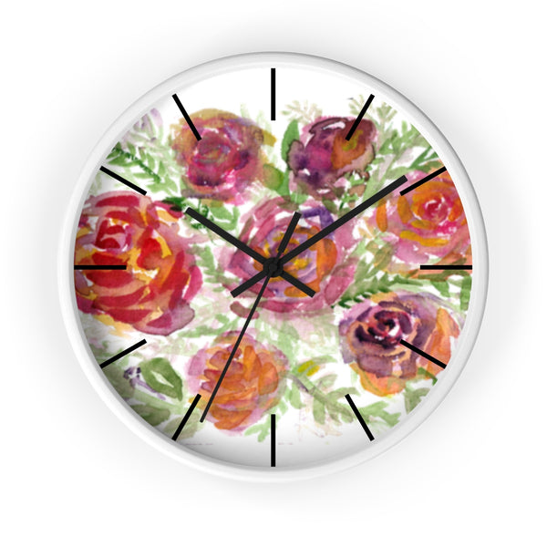 Orange Red Floral Print French Rose 10" Diameter Modern Wall Clock - Made in USA-Wall Clock-White-Black-Heidi Kimura Art LLC