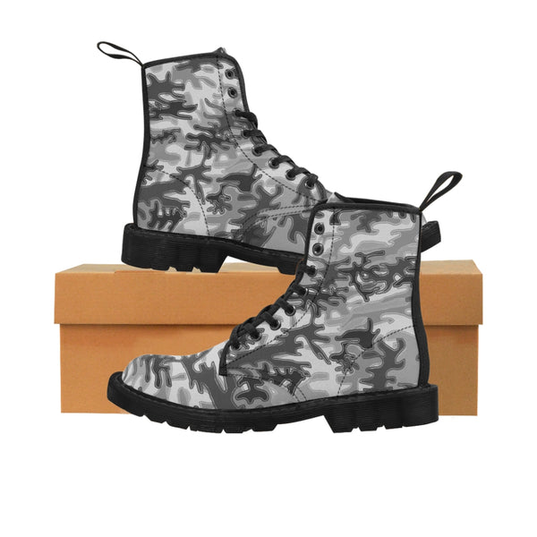 Light Grey Camo Men's Boots, Gray Camouflage Camo Military Combat Work Hunting Boots, Anti Heat + Moisture Designer Men's Winter Boots Hiking Shoes (US Size: 7-10.5)