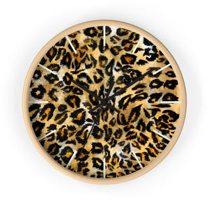 Brown Leopard Print Wall Clock, Animal Print Pattern 10" Dia. Indoor Clock-Made in USA-Wall Clock-Wooden-Black-Heidi Kimura Art LLC