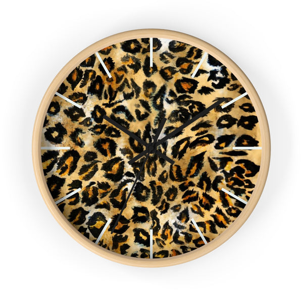 Brown Leopard Print Wall Clock, Animal Print Pattern 10" Dia. Indoor Clock-Made in USA-Wall Clock-Wooden-Black-Heidi Kimura Art LLC