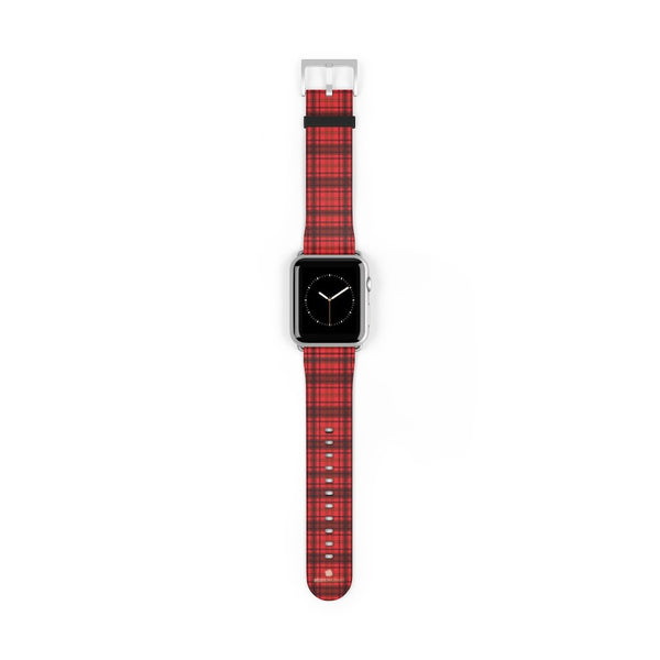 Scottish Red Tartan Plaid Print 38mm/42mm Watch Band For Apple Watch- Made in USA-Watch Band-42 mm-Silver Matte-Heidi Kimura Art LLC