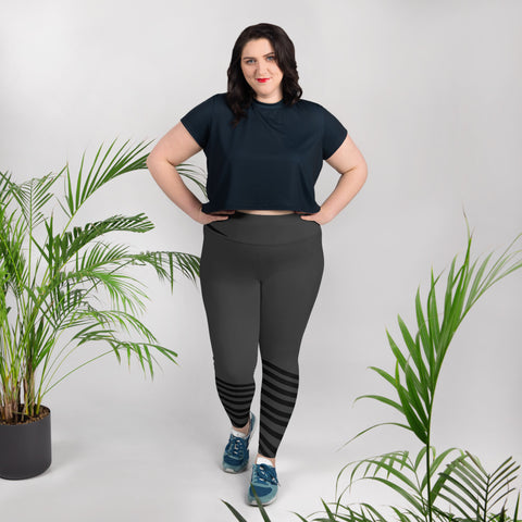Gray Black Diagonal Stripe Women's Yoga Pants Plus Size Leggings-Women's Plus Size Leggings-Heidi Kimura Art LLC