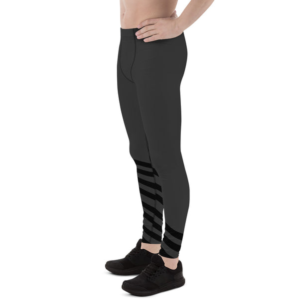 Black Gray Diagonal Striped Meggings, Athletic Running Leggings Run Tights-Made in USA/EU-Men's Leggings-Heidi Kimura Art LLC