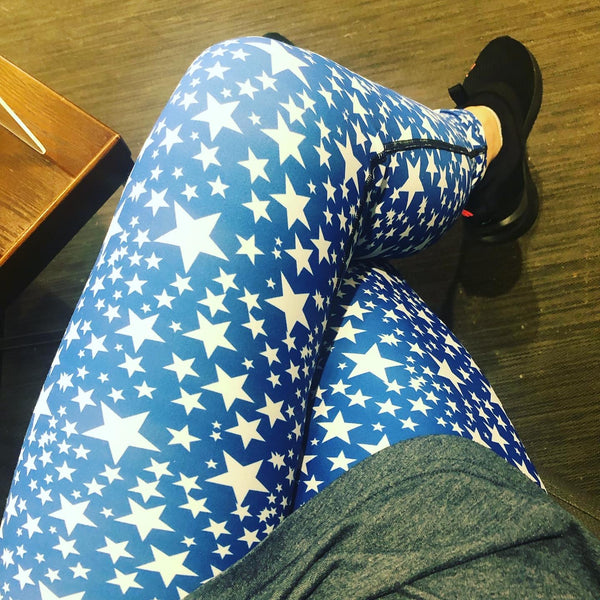 Blue White Starry Yoga Leggings, Star Celestial Print Women's Long Tights-Made in USA/EU