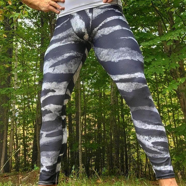 Black Tiger Stripe Print Meggings, Animal Print Best Men's Yoga Pants Running Leggings- Made in USA/EU