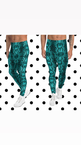 Blue Snake Print Men's Leggings, Python Snake Skin Design Tights For Men-Made in USA/EU/MX