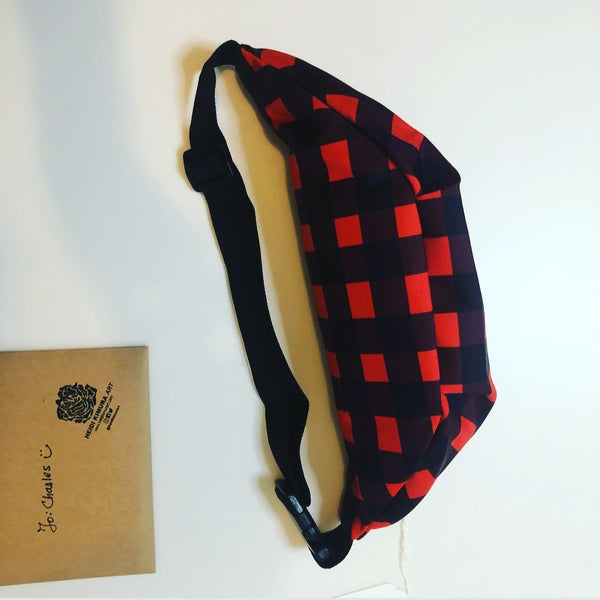 Red Buffalo Fanny Pack, Plaid Print Canadian Style Belt Bag Fanny Pack Belt Waist Bag- Made in USA/EU