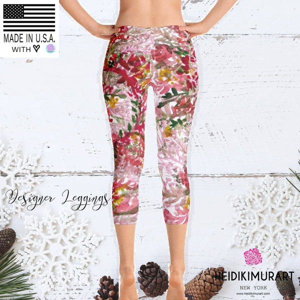 Fall Red Floral Capri Leggings Casual Fashion Activewear - Made in USA (US Size: XS-XL)-capri leggings-Heidi Kimura Art LLC Fall Red Floral Capri Leggings, Fall Red Floral Capri Leggings Casual Fashion Activewear - Made in USA/EU/MX (US Size: XS-XL)