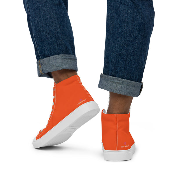 Orange Solid Color Sneakers, Modern Minimalist Designer Premium Quality Stylish Men's High Top Canvas Tennis Shoes With White Laces and Faux Leather Toe Caps (US Size: 5-13)