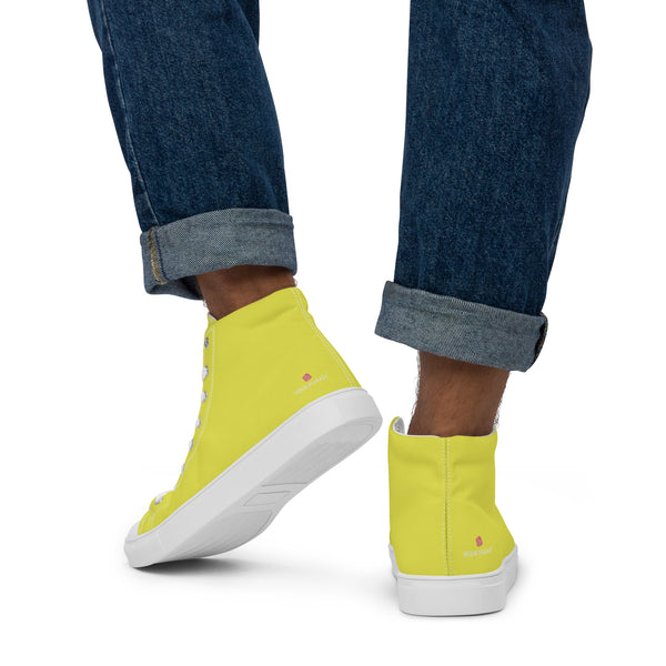 Yellow Color Men's High Tops, Solid Bright Yellow Color Designer Premium Quality Stylish Men's High Top Canvas Tennis Shoes With White Laces and Faux Leather Toe Caps (US Size: 5-13)