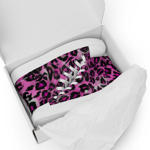 Pink Leopard Men's Sneakers, Animal Print Designer Premium Quality Stylish Men's High Top Canvas Tennis Shoes With White Laces and Faux Leather Toe Caps (US Size: 5-13)