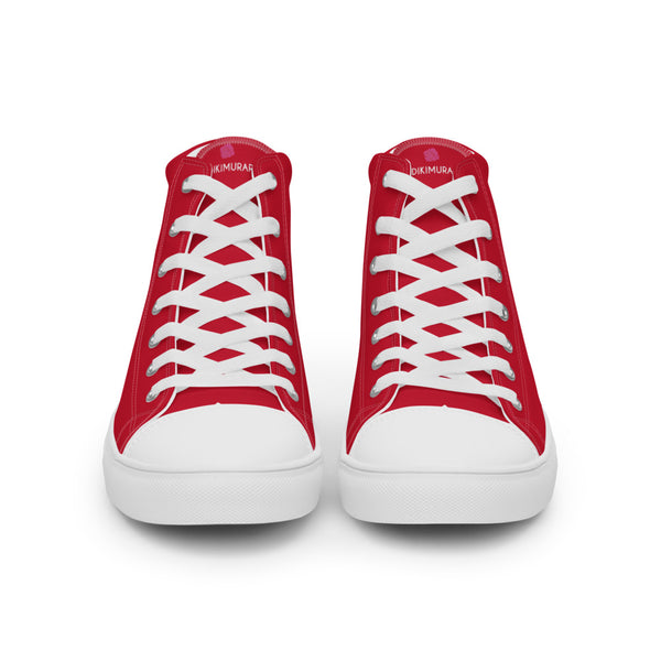 Bright Red Men's High Tops, Solid Red Color Designer Premium Quality Stylish Men's High Top Canvas Tennis Shoes With White Laces and Faux Leather Toe Caps (US Size: 5-13)