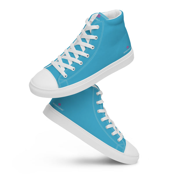 Blue Solid Color Sneakers, Modern Minimalist Designer Premium Quality Stylish Men's High Top Canvas Tennis Shoes With White Laces and Faux Leather Toe Caps 