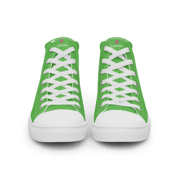 Bright Green Men's High Tops, Solid Green Color Designer Premium Quality Stylish Men's High Top Canvas Tennis Shoes With White Laces and Faux Leather Toe Caps (US Size: 5-13)