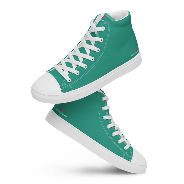 Blue Green Solid Color Sneakers, Modern Minimalist Designer Premium Quality Stylish Men's High Top Canvas Tennis Shoes With White Laces and Faux Leather Toe Caps 