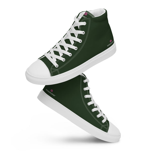 Dark Green Solid Color Sneakers, Modern Minimalist Designer Premium Quality Stylish Men's High Top Canvas Tennis Shoes With White Laces and Faux Leather Toe Caps 