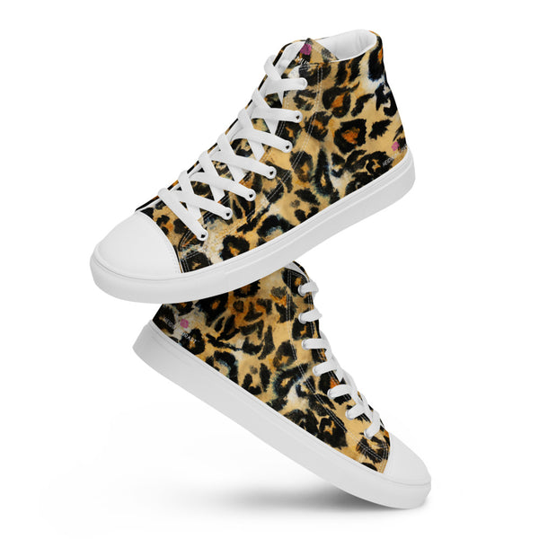 Leopard Animal Print Men's Sneakers, Brown Leopard Animal Print Designer Premium Quality Stylish Men's High Top Canvas Tennis Shoes With White Laces and Faux Leather Toe Caps (US Size: 5-13)