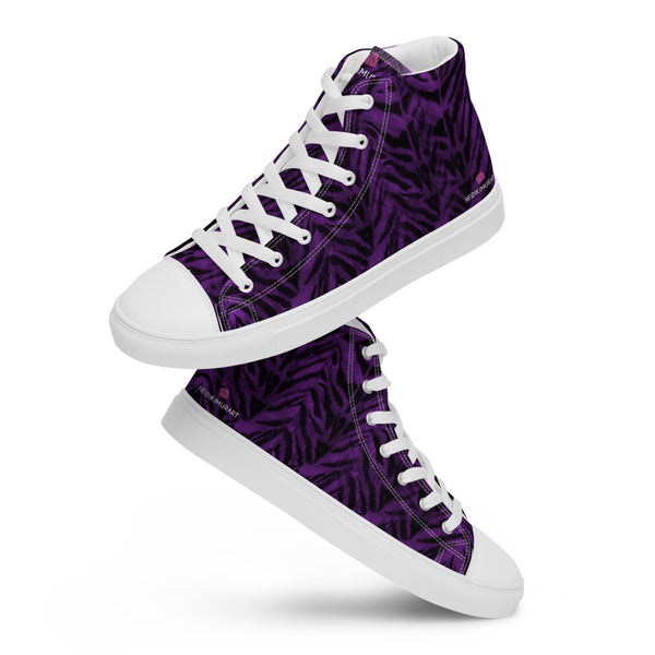 Purple Tiger Striped Men's Sneakers, Animal Print Tiger Stripes Designer Premium Quality Stylish Men's High Top Canvas Tennis Shoes With White Laces and Faux Leather Toe Caps (US Size: 5-13)