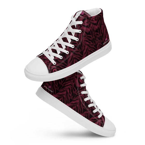 Red Tiger Striped Men's Sneakers, Animal Print Tiger Stripes Designer Premium Quality Stylish Men's High Top Canvas Tennis Shoes With White Laces and Faux Leather Toe Caps (US Size: 5-13)