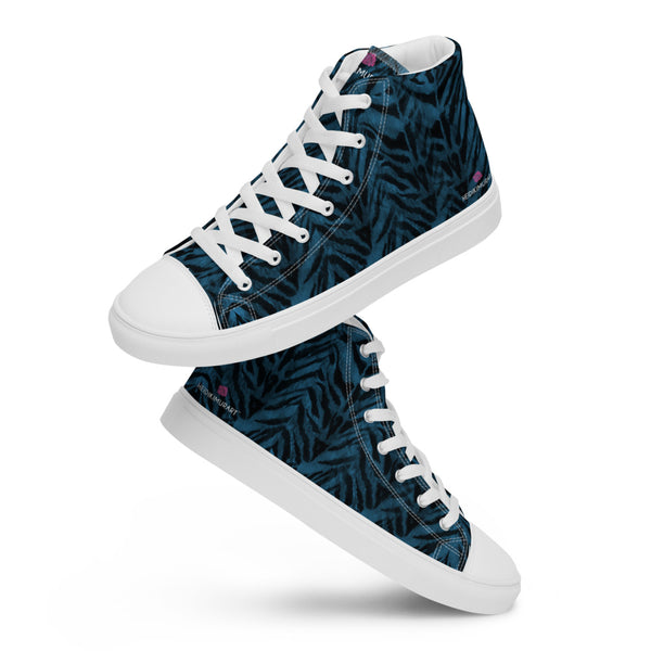 Blue Tiger Striped Men's Sneakers, Animal Print Tiger Stripes Designer Premium Quality Stylish Men's High Top Canvas Tennis Shoes With White Laces and Faux Leather Toe Caps (US Size: 5-13)
