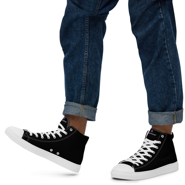 Solid Black Men's Sneakers, Solid Black Color Modern Minimalist Designer Premium Quality Stylish Men's High Top Canvas Tennis Shoes With White Laces and Faux Leather Toe Caps (US Size: 5-13)