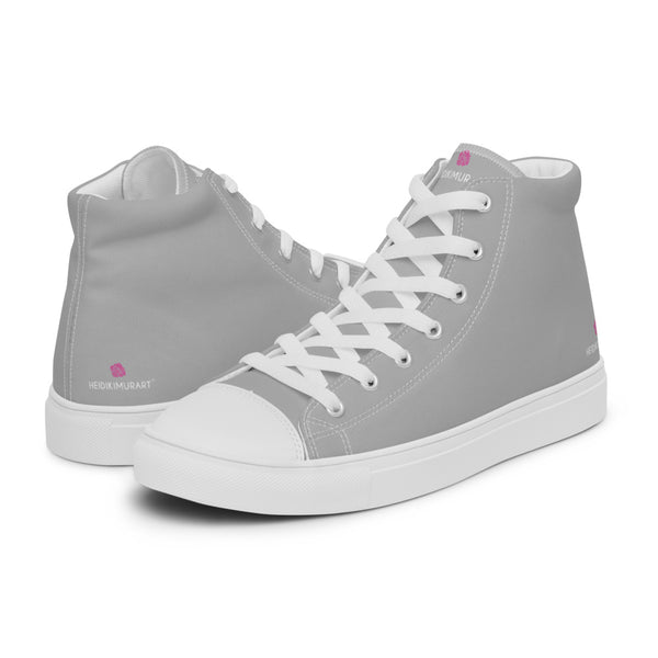 Light Grey Solid Color Sneakers, Modern Minimalist Designer Premium Quality Stylish Men's High Top Canvas Tennis Shoes With White Laces and Faux Leather Toe Caps (US Size: 5-13)