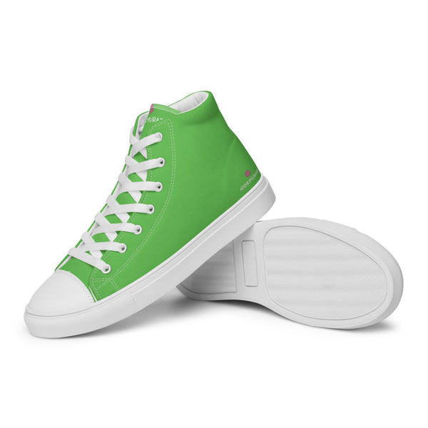 Bright Green Men's High Tops, Solid Green Color Designer Premium Quality Stylish Men's High Top Canvas Tennis Shoes With White Laces and Faux Leather Toe Caps (US Size: 5-13)