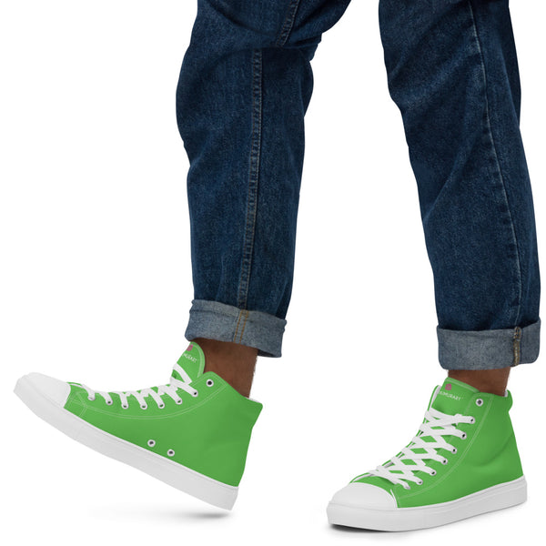 Bright Green Men's High Tops, Solid Green Color Designer Premium Quality Stylish Men's High Top Canvas Tennis Shoes With White Laces and Faux Leather Toe Caps (US Size: 5-13)