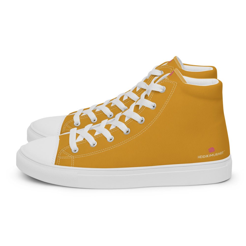 Orange Yellow Solid Color Sneakers, Modern Minimalist Designer Premium Quality Stylish Men's High Top Canvas Tennis Shoes With White Laces and Faux Leather Toe Caps (US Size: 5-13)