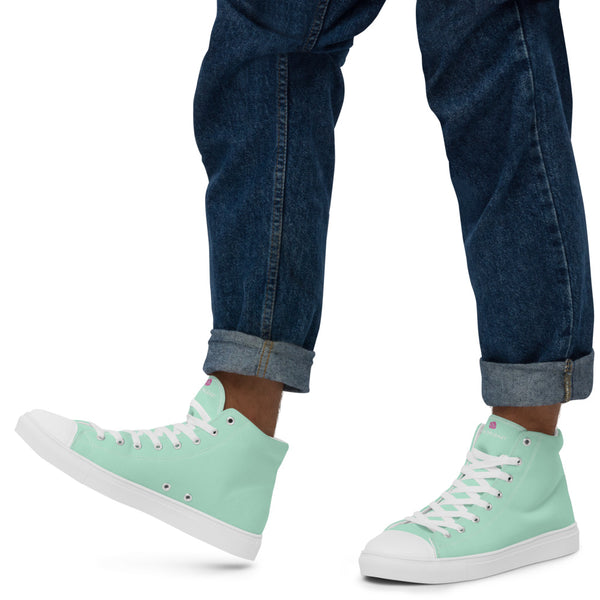 Light Blue Men's High Tops, Solid Light Pastel Blue Color Designer Premium Quality Stylish Men's High Top Canvas Tennis Shoes With White Laces and Faux Leather Toe Caps (US Size: 5-13)