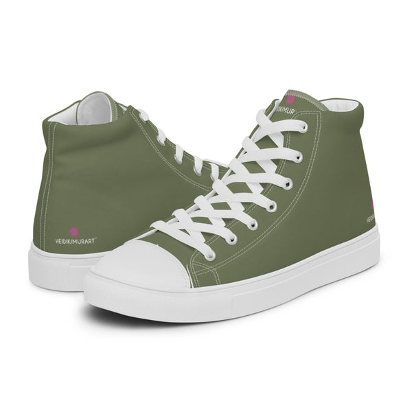 Matcha Green Solid Color Sneakers, Modern Minimalist Designer Premium Quality Stylish Men's High Top Canvas Tennis Shoes With White Laces and Faux Leather Toe Caps (US Size: 5-13)