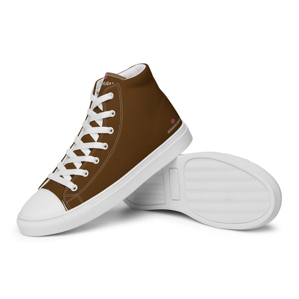 Dark Brown Color Men's High Tops, Solid Brown Color Designer Premium Quality Stylish Men's High Top Canvas Tennis Shoes With White Laces and Faux Leather Toe Caps (US Size: 5-13)