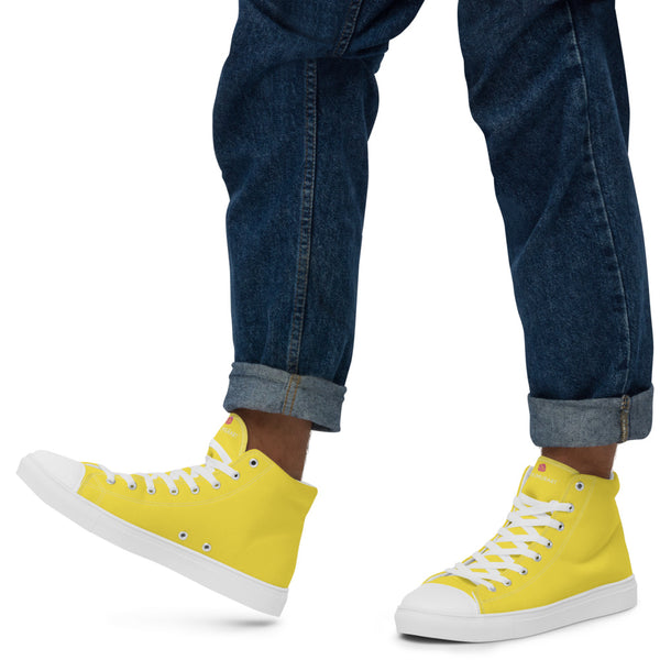Men's Yellow  High Top Sneakers, Solid Lemon Yellow Color Modern Minimalist Designer Premium Quality Stylish Men's High Top Canvas Tennis Shoes With White Laces and Faux Leather Toe Caps (US Size: 5-13)