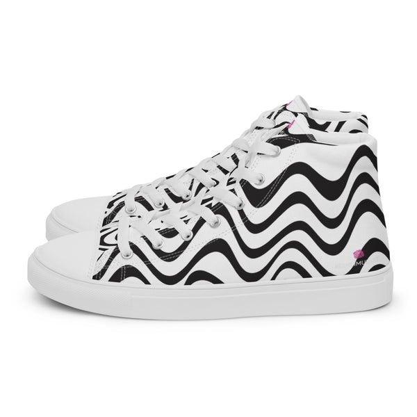 Black White Waves Men's Sneakers, Waves Abstract Print Designer Premium Quality Stylish Men's High Top Canvas Tennis Shoes With White Laces and Faux Leather Toe Caps (US Size: 5-13)