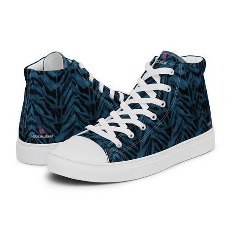 Blue Tiger Striped Men's Sneakers, Animal Print Tiger Stripes Designer Premium Quality Stylish Men's High Top Canvas Tennis Shoes With White Laces and Faux Leather Toe Caps (US Size: 5-13)