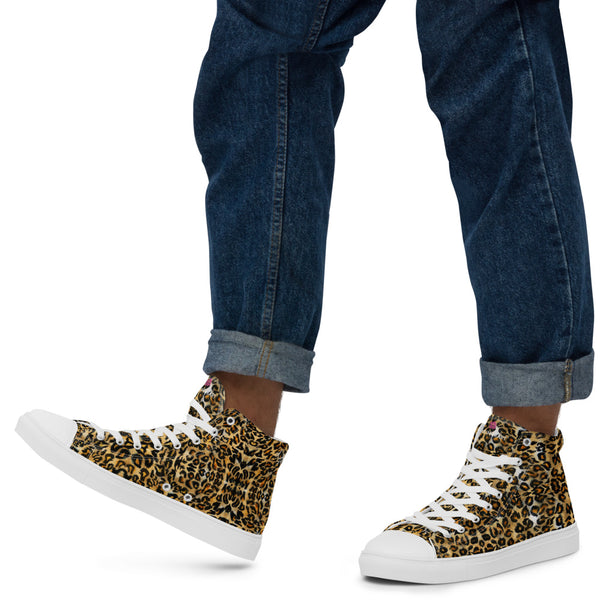 own Leopard Men's High Top, Leopard Animal Print Designer Premium Quality Stylish Men's High Top Canvas Tennis Shoes With White Laces and Faux Leather Toe Caps (US Size: 5-13)