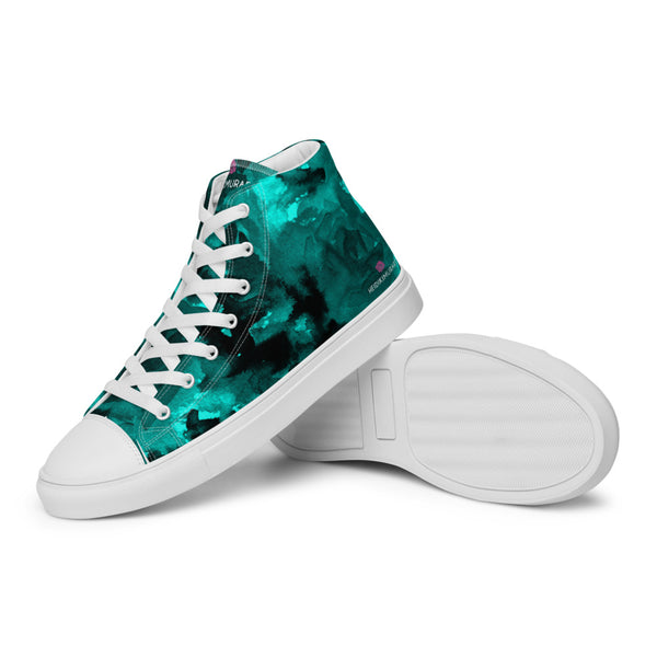 Blue Abstract Men's Sneakers, Floral Print Designer Premium Quality Stylish Men's High Top Canvas Tennis Shoes With White Laces and Faux Leather Toe Caps (US Size: 5-13)