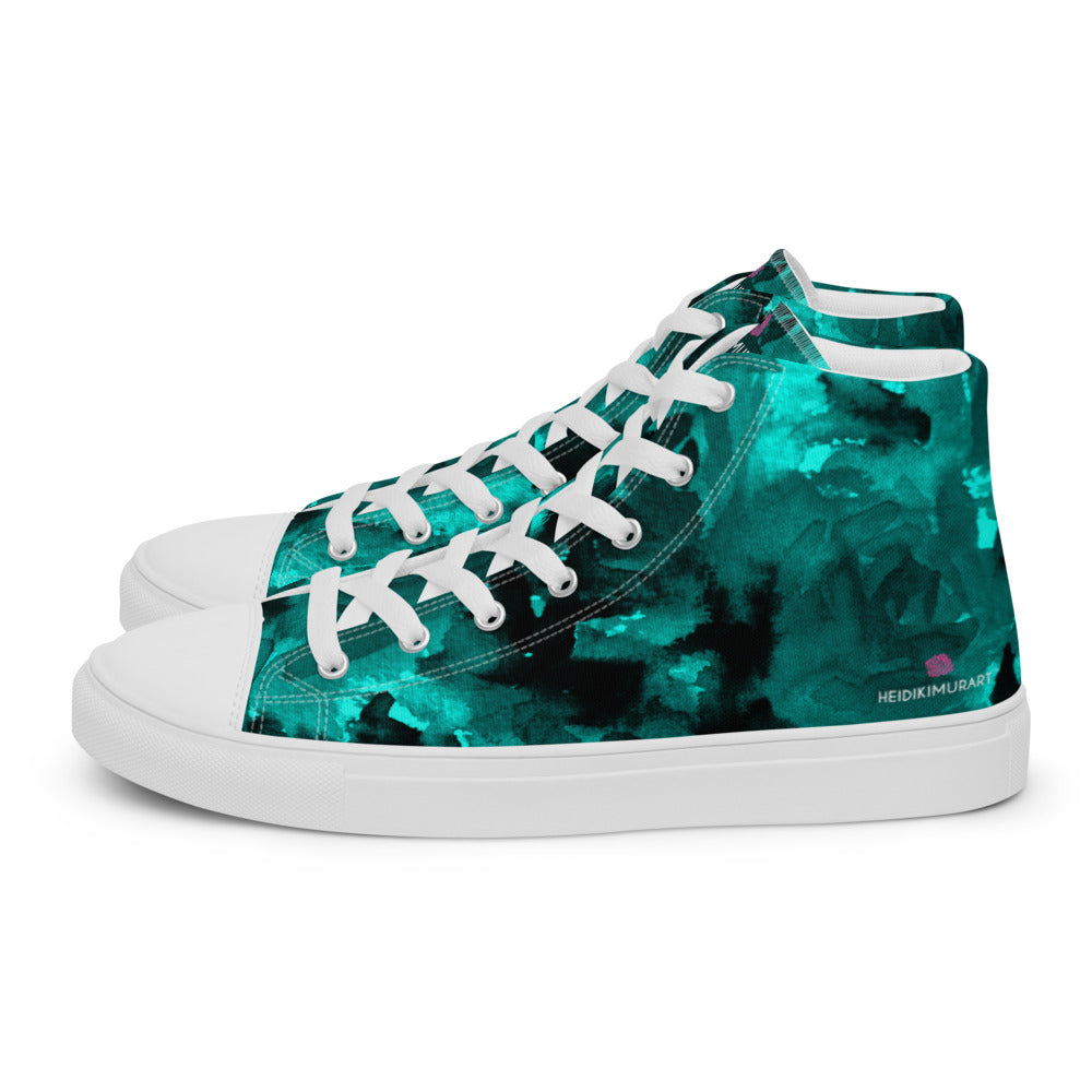 Blue Abstract Men's Sneakers, Floral Print Designer Premium Quality Stylish Men's High Top Canvas Tennis Shoes With White Laces and Faux Leather Toe Caps (US Size: 5-13)