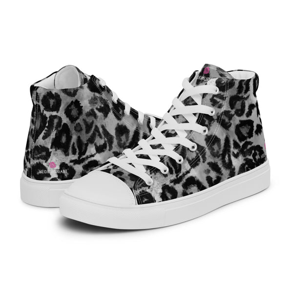 Leopard Animal Print Men's Sneakers, Grey Leopard Animal Print Designer Premium Quality Stylish Men's High Top Canvas Tennis Shoes With White Laces and Faux Leather Toe Caps (US Size: 5-13)
