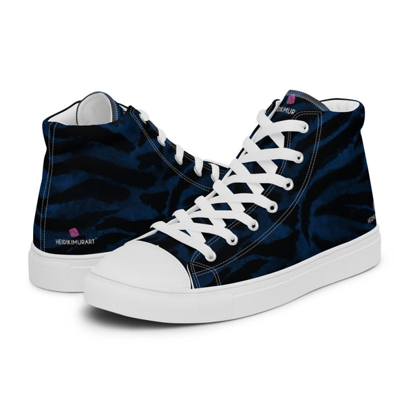 Blue Tiger Striped Men's Sneakers, Navy Blue Animal Print Tiger Stripes Designer Premium Quality Stylish Men's High Top Canvas Tennis Shoes With White Laces and Faux Leather Toe Caps (US Size: 5-13)