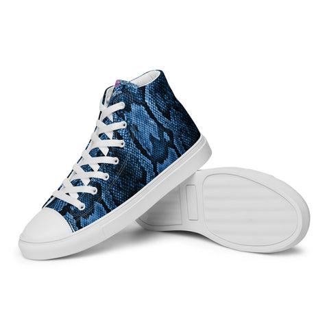 Blue Snake Print Men's Sneakers, Modern Python Stylish Blue Snake Print Designer Premium Quality Stylish Men's High Top Canvas Tennis Shoes With White Laces and Faux Leather Toe Caps, Comfortable and Trendy Snake Print Sneakers Shoes (US Size: 5-13)