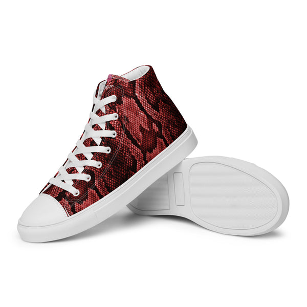 Red Snake Print Men's Sneakers, Modern Python Stylish Snake Print Designer Premium Quality Stylish Men's High Top Canvas Tennis Shoes With White Laces and Faux Leather Toe Caps (US Size: 5-13)