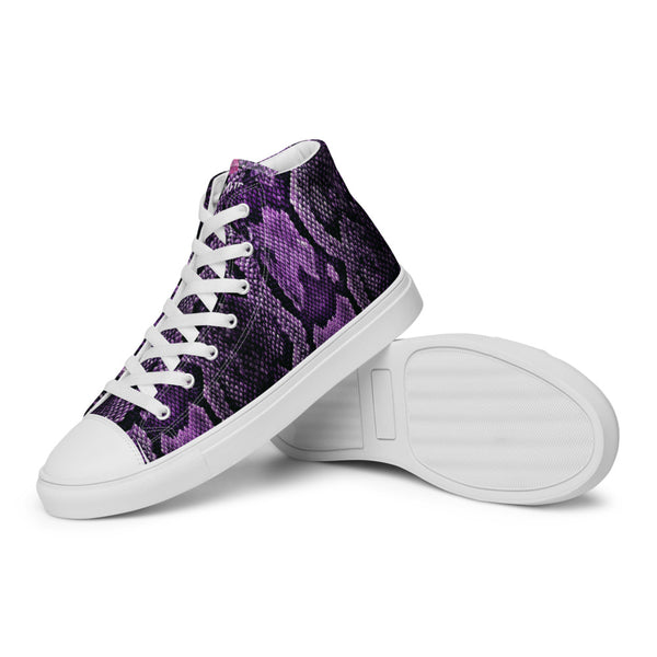 Purple Snake Print Men's Sneakers, Modern Python Stylish Snake Print Designer Premium Quality Stylish Men's High Top Canvas Tennis Shoes With White Laces and Faux Leather Toe Caps, Comfortable and Trendy Snake Print Sneakers Shoes (US Size: 5-13)