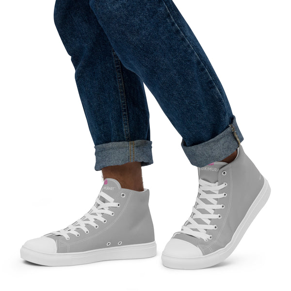 Light Grey Color Men's High Tops, Solid Light Grey Color Designer Premium Quality Stylish Men's High Top Canvas Tennis Shoes With White Laces and Faux Leather Toe Caps (US Size: 5-13)