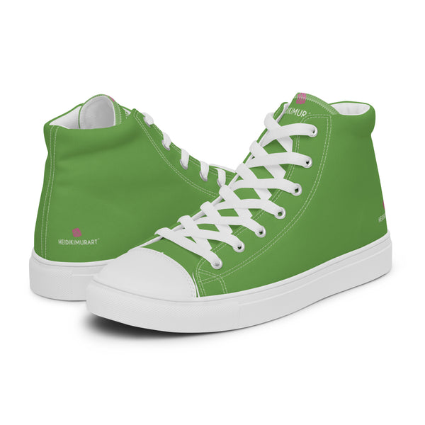 Green Solid Color Men's Sneakers, Bright Green Solid Color Modern Minimalist Designer Premium Quality Stylish Best Men's High Top Canvas Tennis Shoes With White Laces and Faux Leather Toe Caps  (US Size: 5-13)