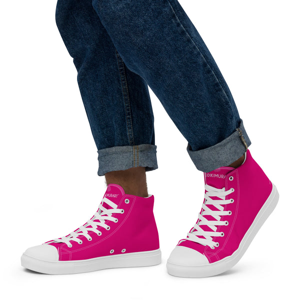 Hot Pink Men's High Tops, Solid Hot Pink Color Designer Premium Quality Stylish Men's High Top Canvas Tennis Shoes With White Laces and Faux Leather Toe Caps (US Size: 5-13)